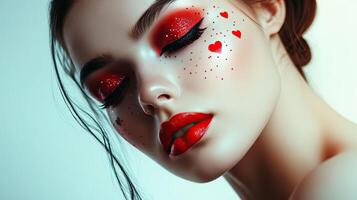 Beautiful female eye with a graphic make-up of hearts. photo
