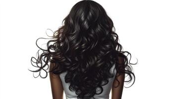 Rear view of a woman with long black curly hair. photo