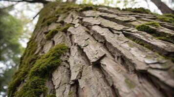 Detailed Tree Bark Texture with Deep Grooves and Moss photo