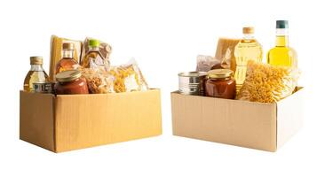 Foodstuff for donation, storage and delivery. Various food, pasta, cooking oil and canned food in cardboard box on white background. photo
