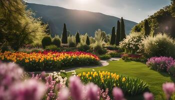 Springtime Garden Landscape with Blooming Tulips and Mountain Views photo