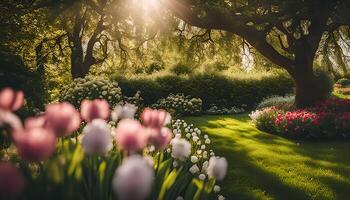 Sunlit Garden with Tulips photo