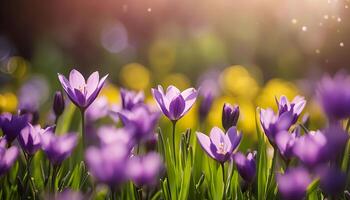 Purple Crocuses Blooming in Spring Sunlight photo
