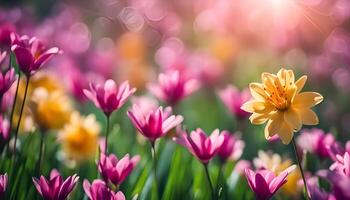 Beautiful flower field with a yellow flower in focus photo