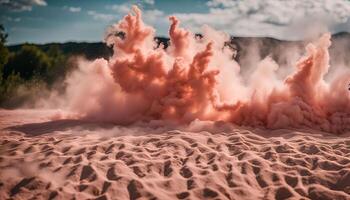 Pink Smoke Explosion in Desert Landscape photo