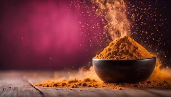 Turmeric Powder in Bowl with Smoke and Pink Background photo