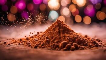 Close-up of a Heap of Brown Powder, Illuminated by Warm Bokeh photo