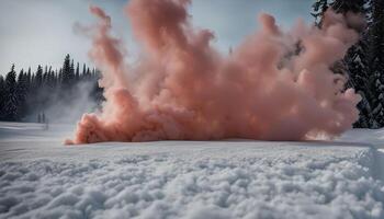 Pink Smoke Cloud Exploding in the Snowy Forest photo
