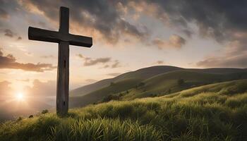 Cross on a Hilltop at Sunset photo