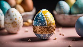 Decorative Easter Eggs on Pink Background photo