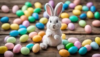 Cute Easter Bunny Surrounded by Colorful Eggs photo