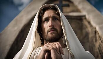Man Praying with Cross in the Background photo