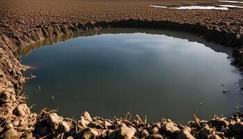 A small pond in a brown field photo