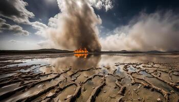 Smoke and Fire Reflecting on a Dried Lake photo