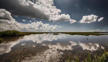 Serene Reflection of Clouds in a Tranquil Lake photo