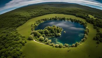 Aerial View of a Circular Lake Surrounded by Lush Forest photo