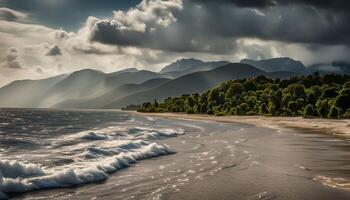 Tranquil Beachscape with Mountain Range photo