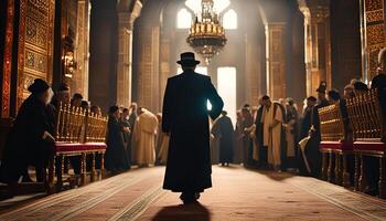 A Man in a Long Black Coat Walks Down an Aisle, Surrounded by a Congregation in a Church photo