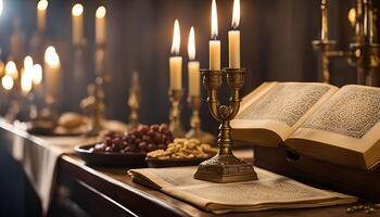 Candles and an Open Book on a Table photo