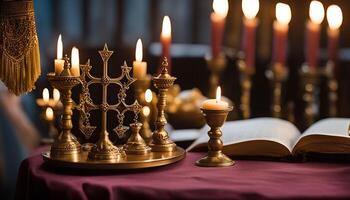 Candlesticks and a Book in a Religious Setting photo