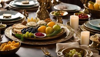 Elegant Festive Table Setting with Fruit and Cheese Platter photo