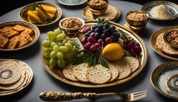 Golden Table Setting with Snacks and Fruit photo