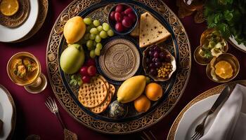 Ornate Table Setting with Fruit and Bread photo