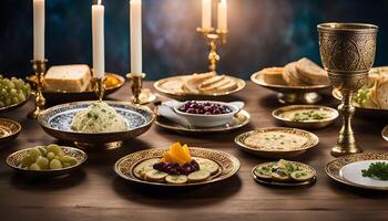 A Festive Table Setting with Golden Plates and Candles photo