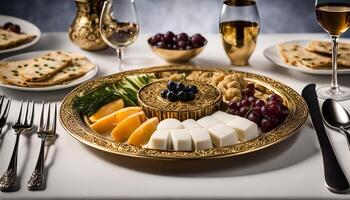 Gourmet Cheese Platter with Grapes and Bread photo