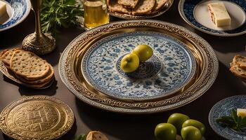 Elegant Table Setting with Gold and Blue Plates and Apples photo