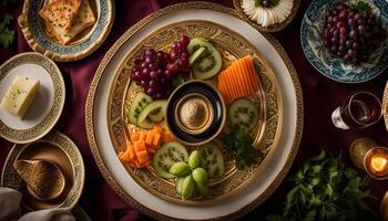 Gourmet Table Setting with Fruit and Golden Plates photo