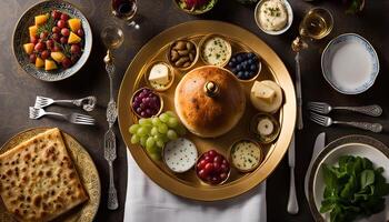 A Festive Table Setting with a Traditional Bread and a Variety of Delights photo