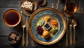 Elegant Table Setting with Fruit, Cheese, and Tea photo