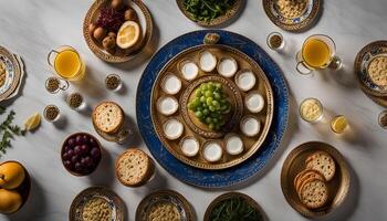 Elegant Table Setting with Grapes and Golden Plates photo