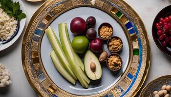 A platter of delicious fruits and nuts arranged on a decorative plate. photo