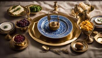 A Table Setting with Blue and Gold Plates and Bowls photo