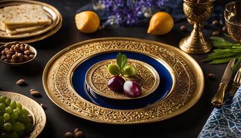 Elegant Table Setting with Intricate Gold Plateware photo