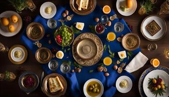 Elegant Table Setting with Golden Plates and Blue Tablecloth photo