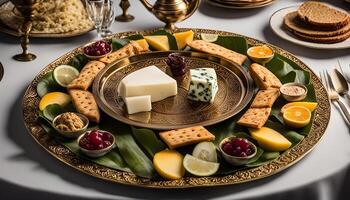 Elegant Cheese and Fruit Platter on a Gold Serving Dish photo