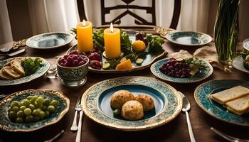 Elegant Table Setting with Candles and Fresh Fruits photo