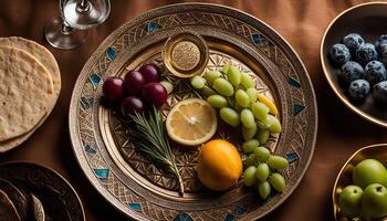 A Table Setting with Fresh Fruits, a Glass of Wine, and a Decorative Plate photo