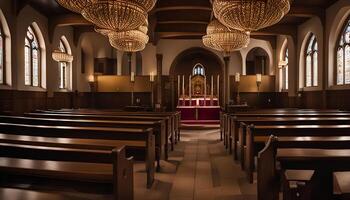 Interior of a Church with Rows of Pews photo