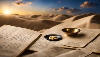 Open Bible with a Bowl and a Plate of Bread in a Desert Setting at Sunset photo