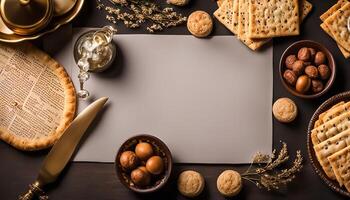 Flat Lay with Crackers, Nuts, and a Blank Paper photo