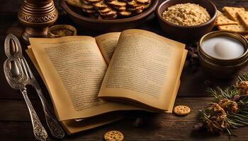 Old Book and Snacks on Wooden Table photo