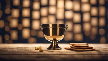 Golden Chalice and Crackers on Table with Bokeh Background photo