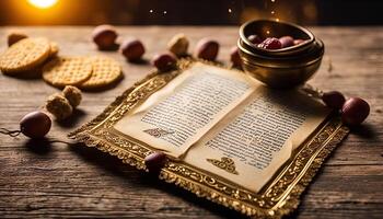 Ancient Book with Golden Frame and Red Berries photo
