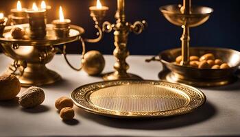 Golden Table Setting With Candles and Nuts photo