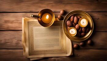 Religious Ritual with Candles, Nuts and Ancient Text on Wooden Background photo