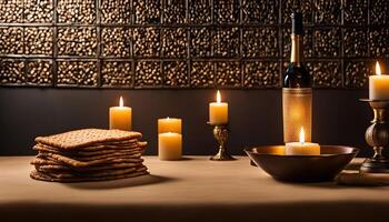 Passover Seder Table with Matzah and Candles photo